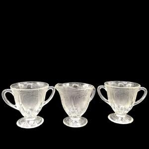 Hazel-Atlas ROYAL LACE Clear Depression Glass Footed Creamer, 2 Open Sugar Bowls